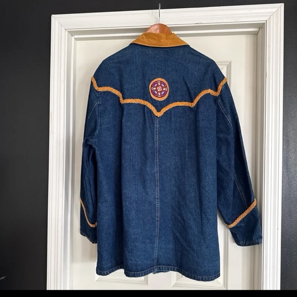 Frontier Collection Phoenix USA Denim Beaded Leather detail Chore Coat sz Large - Picture 12 of 12